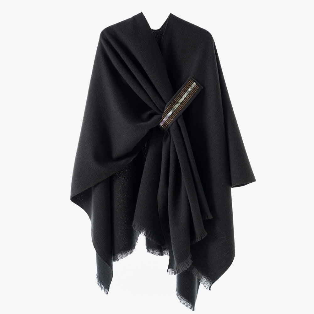 Damen Eleganter Wickel-Umhang aus Wollmischung mit Taillenschärpe und Fransensaum Shop Nory