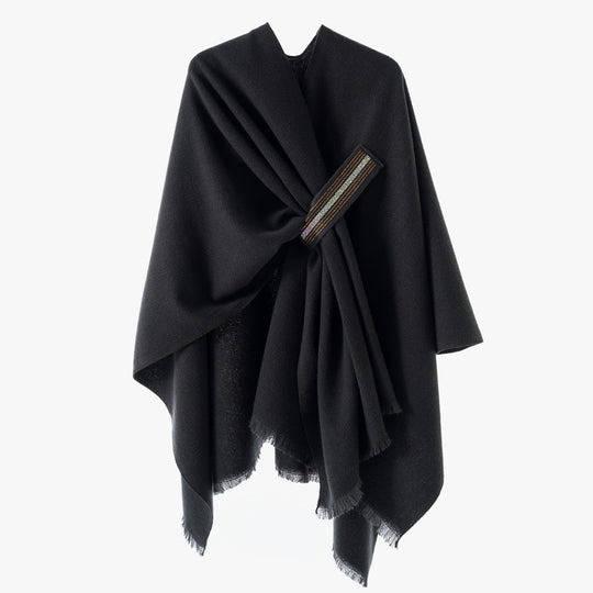 Damen Eleganter Wickel-Umhang aus Wollmischung mit Taillenschärpe und Fransensaum Shop Nory