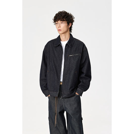 Herren Locker geschnittene Denim-Worker-Jacke mit verdecktem Reißverschluss und schräger Brusttasche Shop Nory