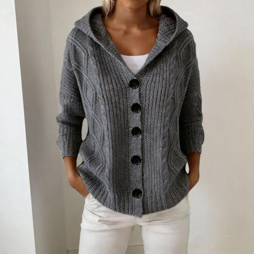 Damen Kapuzen-Cardigan aus grobem Zopfstrick mit Knopfverschluss Shop Nory
