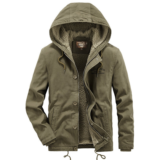 Herren Canvas-Kapuzenjacke mit durchgehendem Teddyfutter, Zwei-Wege-Reißverschluss und Kordzugsaum Shop Nory