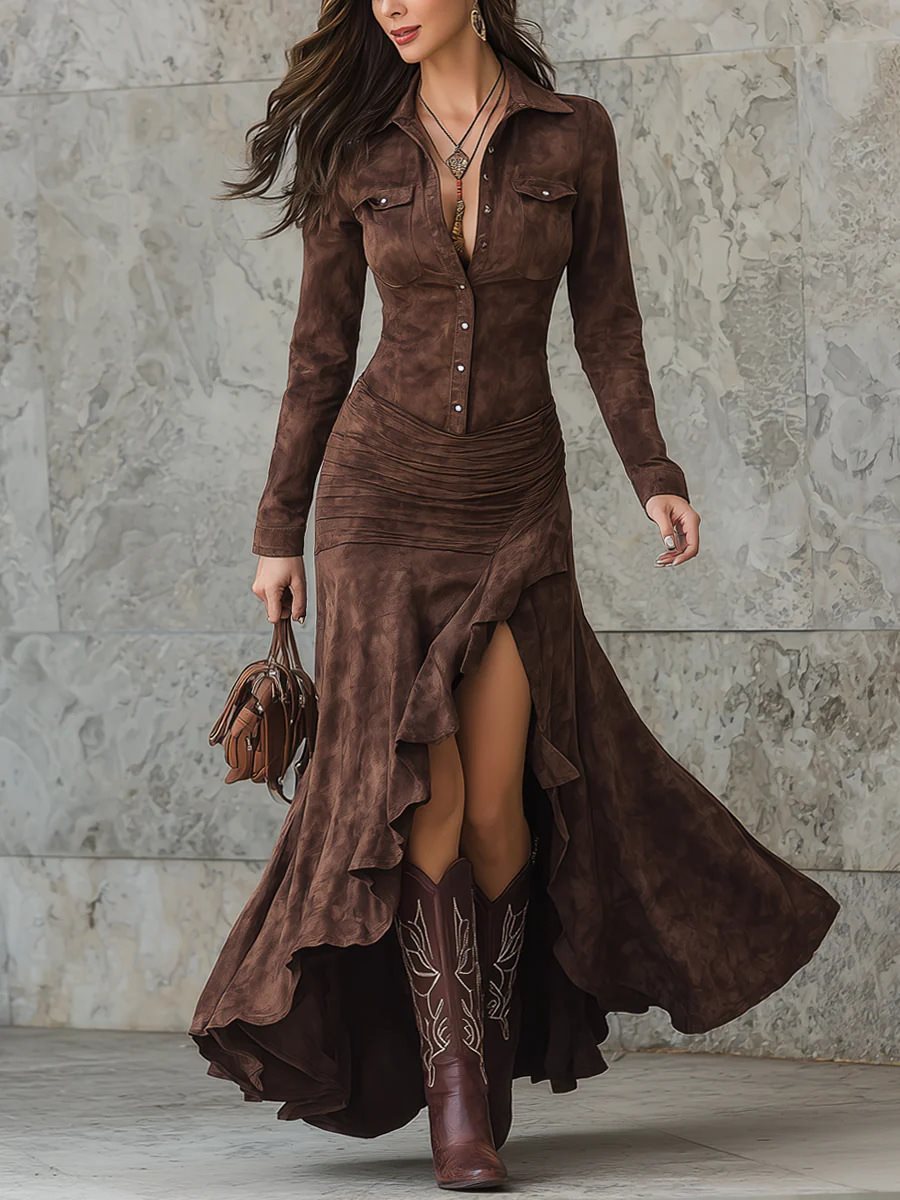 Damen Langes Hemdkleid im Wildleder‑Look mit Raffung, asymmetrischem Volant‑Saum und hohem Beinschlitz Shop Nory