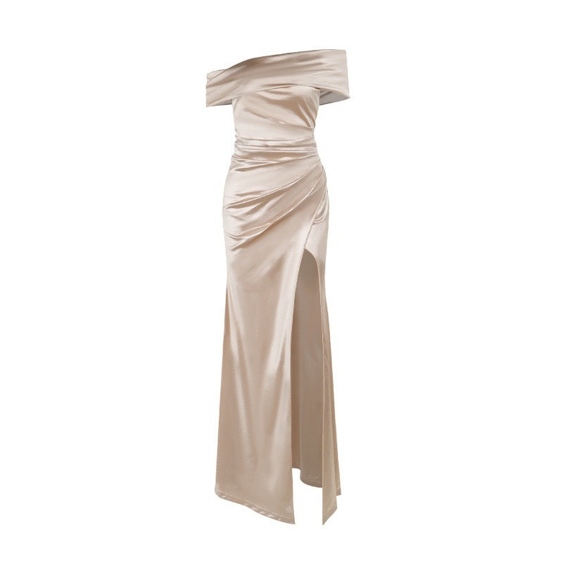 Damen Elegantes Satin Abendkleid mit asymmetrischem Träger und hohem Schlitz