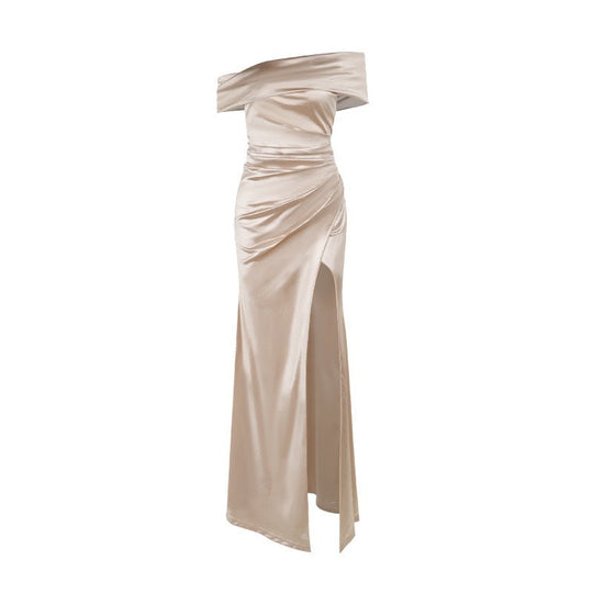 Damen Elegantes Satin Abendkleid mit asymmetrischem Träger und hohem Schlitz