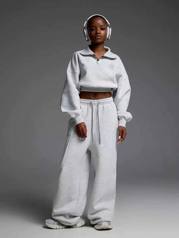 Damen kurzes Half-Zip Crop-Sweatshirt mit hoher Taille und weitem Sweatpants-Set Shop Nory