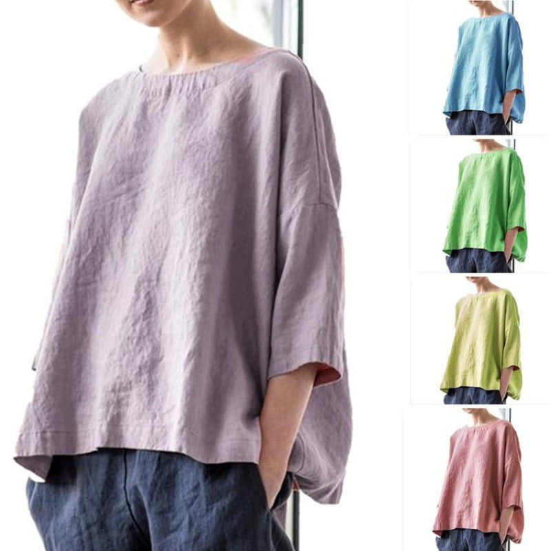 Damen Oversized Leinenbluse mit weitem Boxy‑Schnitt, U‑Boot‑Ausschnitt und 3/4‑Ärmeln Shop Nory