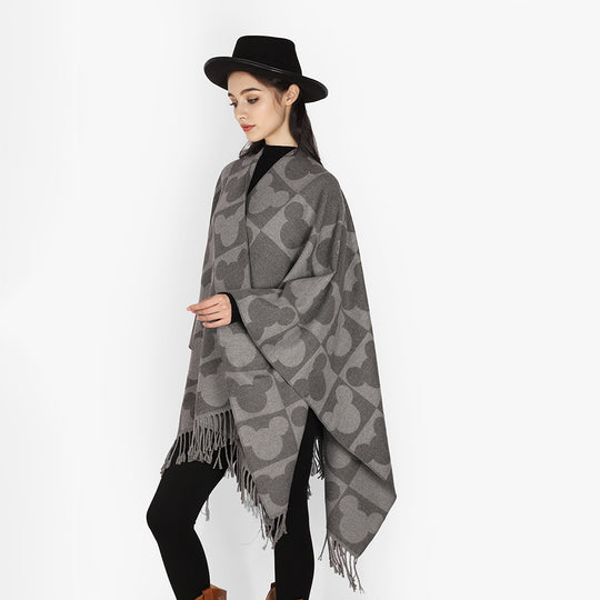 Damen Jacquard‑Überwurfponcho mit figurativem Kopf‑Silhouetten‑Muster, Fransen und offenem Fall Shop Nory