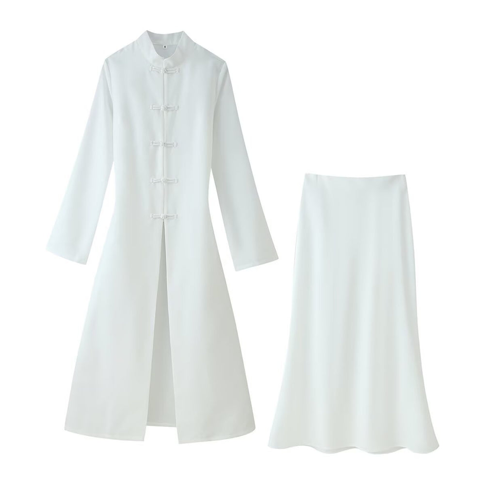 Damen Zweiteiliges Set: Langer Mantel mit Mandarin‑Kragen und A‑Linien Maxirock Shop Nory