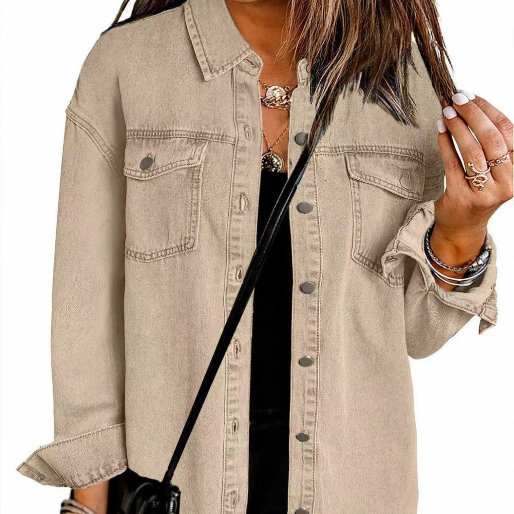 Damen Denim Overshirt mit fransigem Saum und Brusttaschen ShopNory