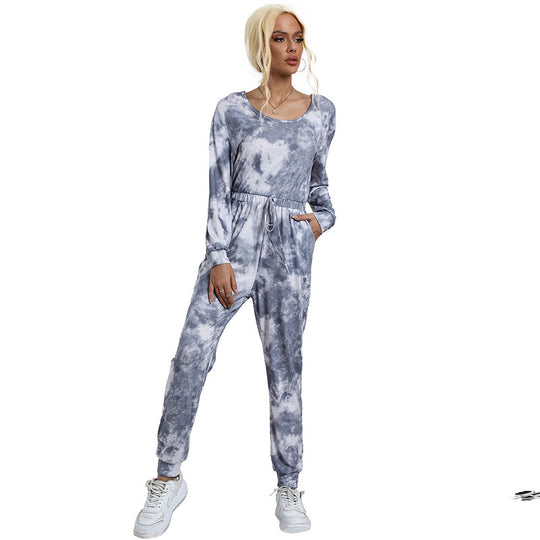 Damen Lässiger Tie-Dye Jumpsuit aus weichem Sweat mit Off-Shoulder und Tunnelzug Shop Nory