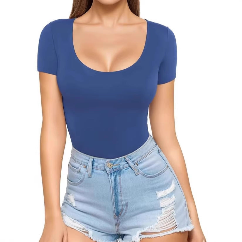 Damen figurbetontes Kurzarm-Body mit rundem Ausschnitt und nahtlosem Design