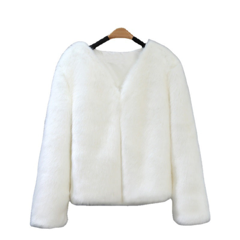 Damen Elegante Kunstfelljacke mit V-Ausschnitt und weichem Innenfutter