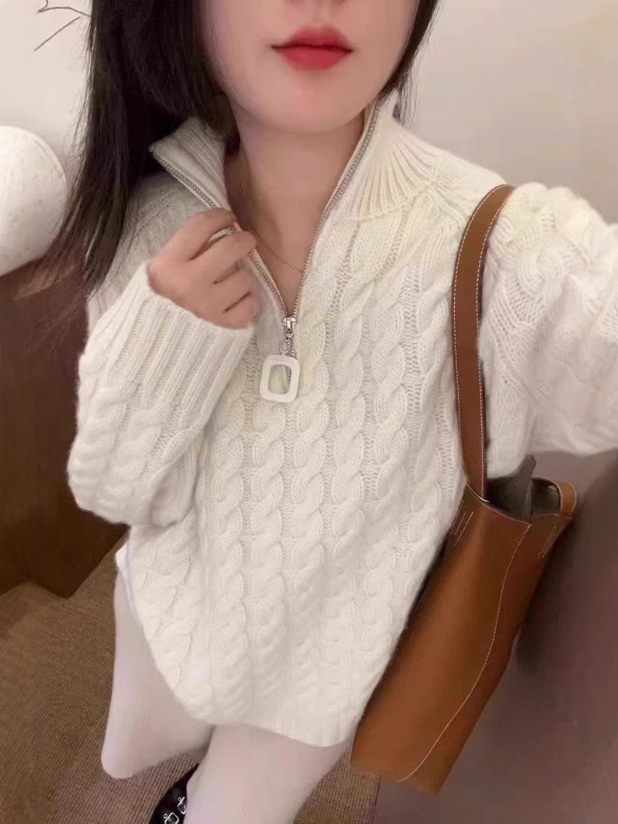 Damen Oversize Zopfmuster-Feinstrickpullover mit halbem Zipper und Stehkragen Shop Nory