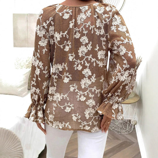 Damen V‑Neck Bluse mit floraler Stickerei, Perlenknopfleiste und Ballonärmeln Shop Nory