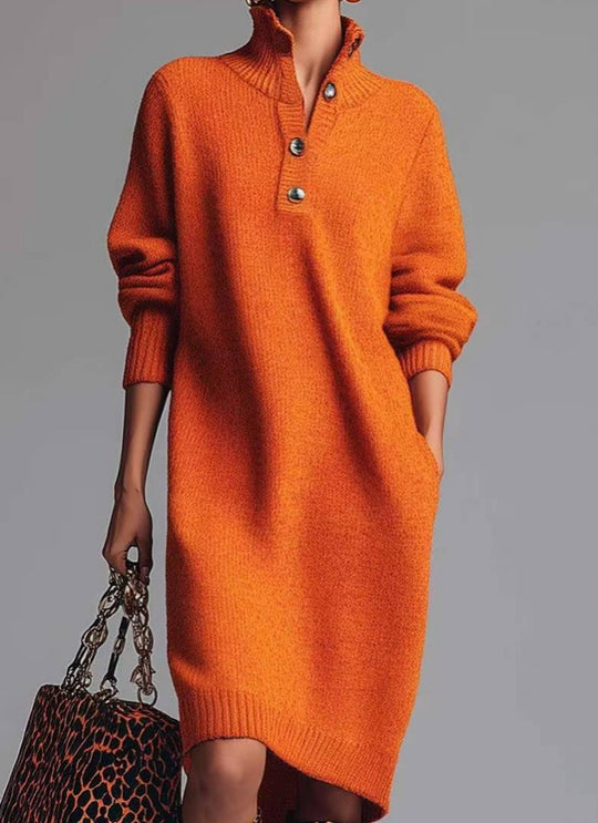 Damen nan gestricktes Pulloverkleid mit Polokragen, Eingrifftaschen und lässiger Passform Shop Nory