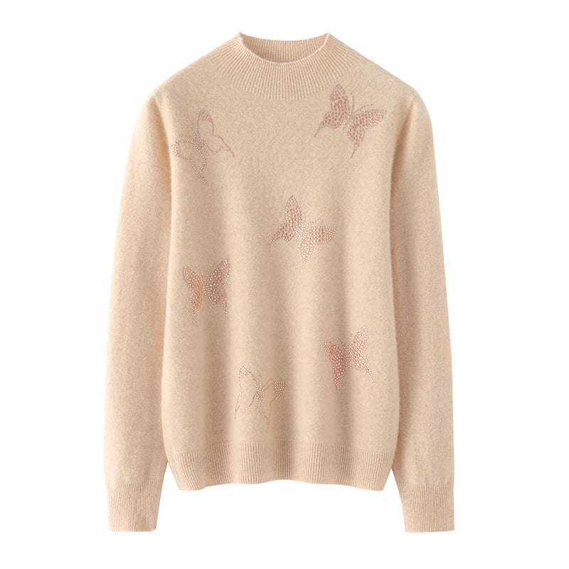 Damen Stehkragen-Feinstrickpullover mit Strass-Schmetterlingsapplikation Shop Nory