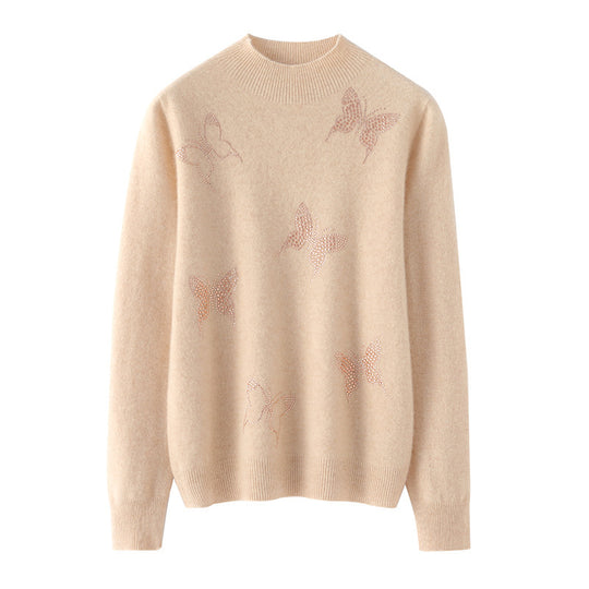 Damen Stehkragen-Feinstrickpullover mit Strass-Schmetterlingsapplikation Shop Nory