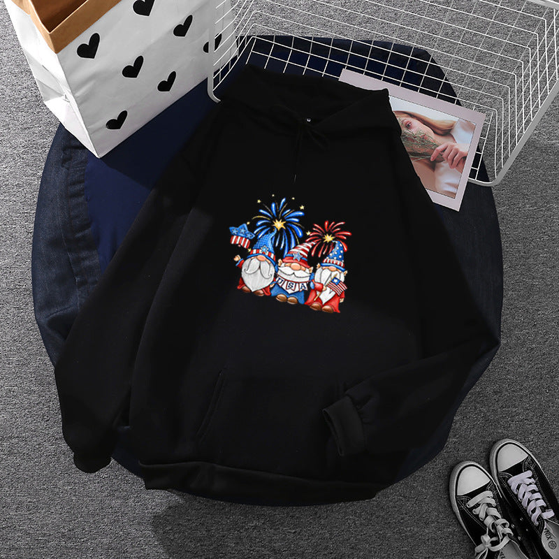 Damen nan Kapuzenpullover mit patriotischem Gartenzwerg-Print, angerautem Fleece-Innenfutter, Oversize-Schnitt und Kängurutasche Shop Nory