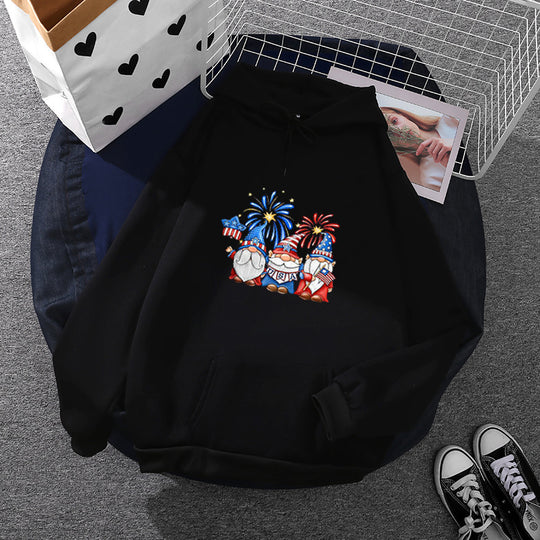 Damen nan Kapuzenpullover mit patriotischem Gartenzwerg-Print, angerautem Fleece-Innenfutter, Oversize-Schnitt und Kängurutasche Shop Nory