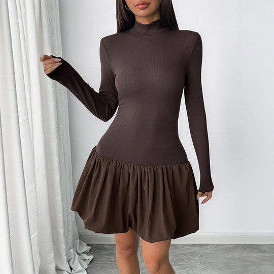 Damen Langes Kleid mit Rüschen- und Rollkragen Shop Nory