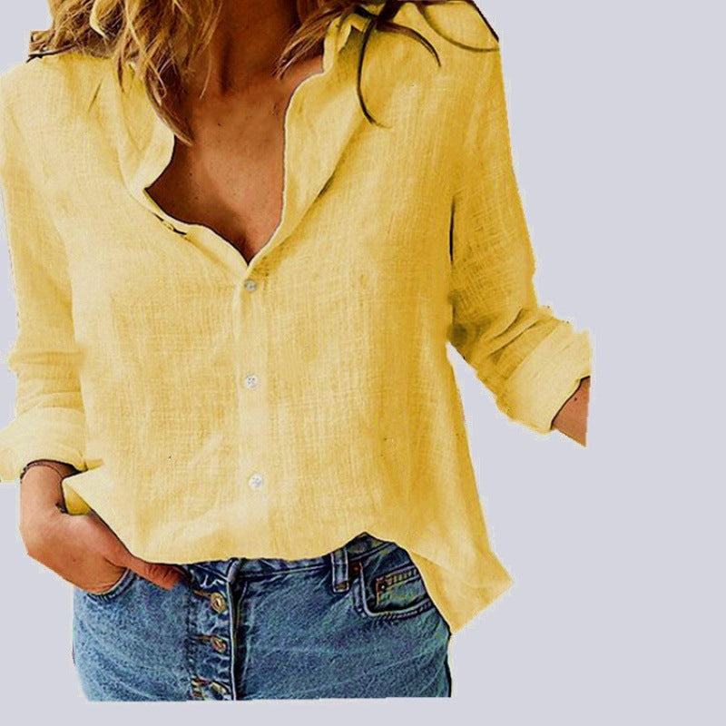 Damen Leichte Leinenbluse im legeren Oversize‑Schnitt mit Stufenkragen und durchgehender Knopfleiste Shop Nory