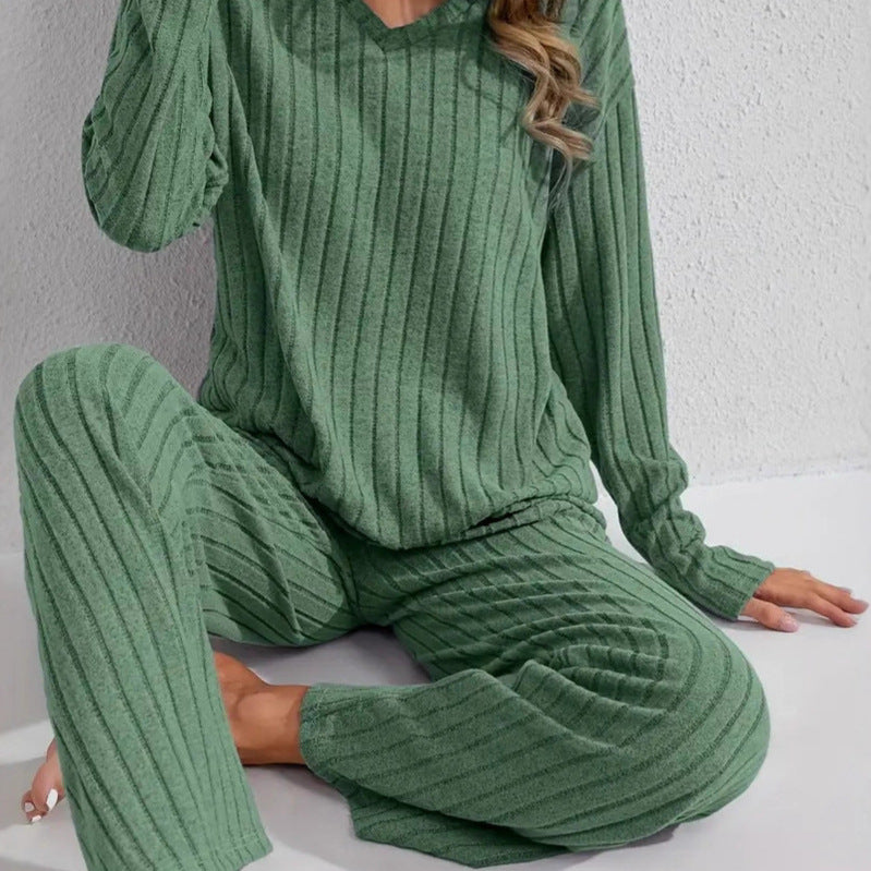 Damen Zweiteiliges geripptes Lounge-Set mit V-Ausschnitt und weitem Bein Shop Nory