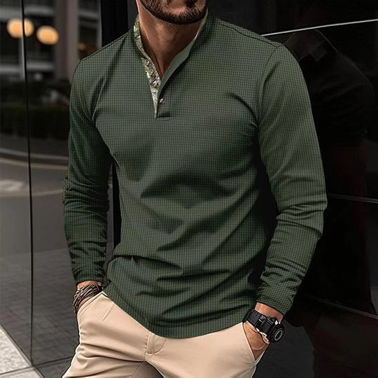 Herren nan langärmliges Henley-Poloshirt mit Stehkragen, feiner Struktur und gemustertem Innenkragen Shop Nory