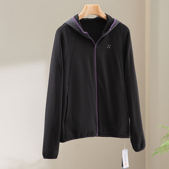 Damen Leichte Kapuzen-Trainingsjacke aus strukturiertem Funktionsjersey mit durchgehendem Reißverschluss Shop Nory