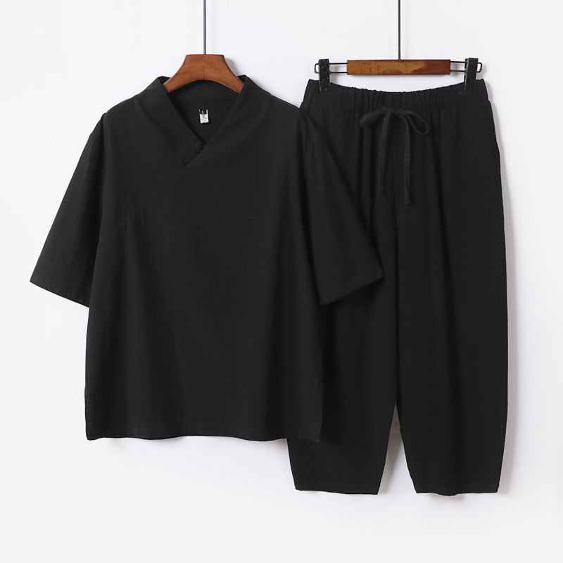 Herren Atmungsaktives Leinen-Baumwoll Lounge-Set mit asymmetrischem V-Kragen und elastischer Kordelhose Shop Nory