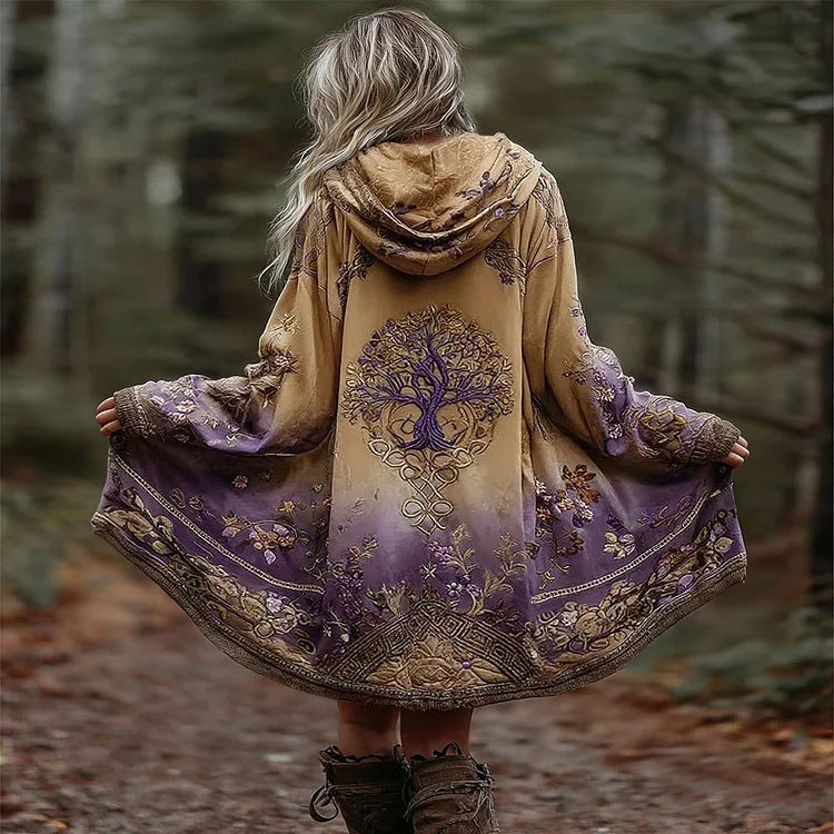Damen Boho Kapuzenmantel im Schwung-Schnitt mit Baum-Motiv und Farbverlauf Shop Nory
