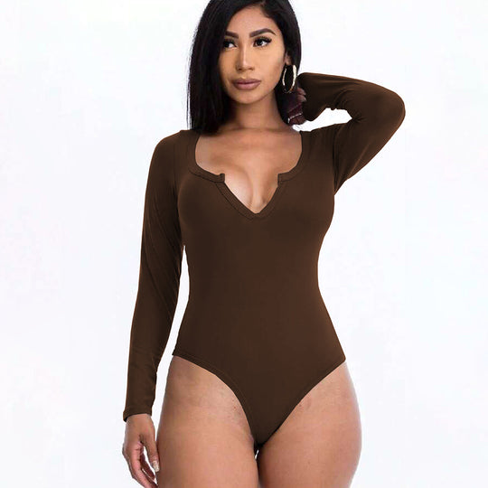 Damen figurbetontes V-Ausschnitt-Stringbody mit langen Ärmeln Shop Nory