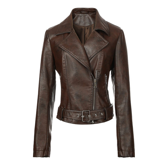 Damen Kurz geschnittene taillierte Leder-Bikerjacke mit Taillengürtel und asymmetrischem Reißverschluss Shop Nory