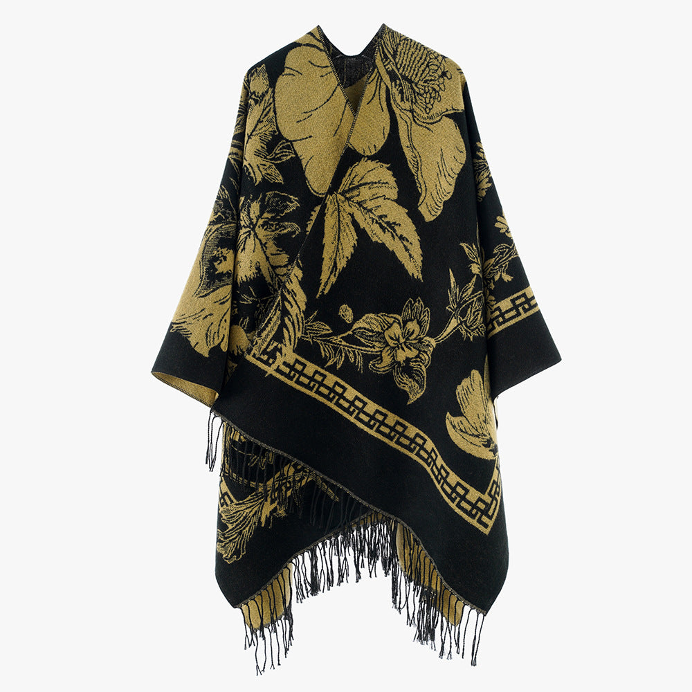 Damen Rechteckiger Jacquard-Überwurf mit floralem Allovermotiv und Fransensaum Shop Nory