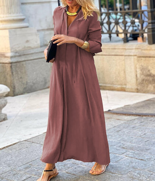 Damen Maxikleid mit V-Ausschnitt, Langärmelig, lockere A-Linien‑Silhouette und Kordelzug Shop Nory