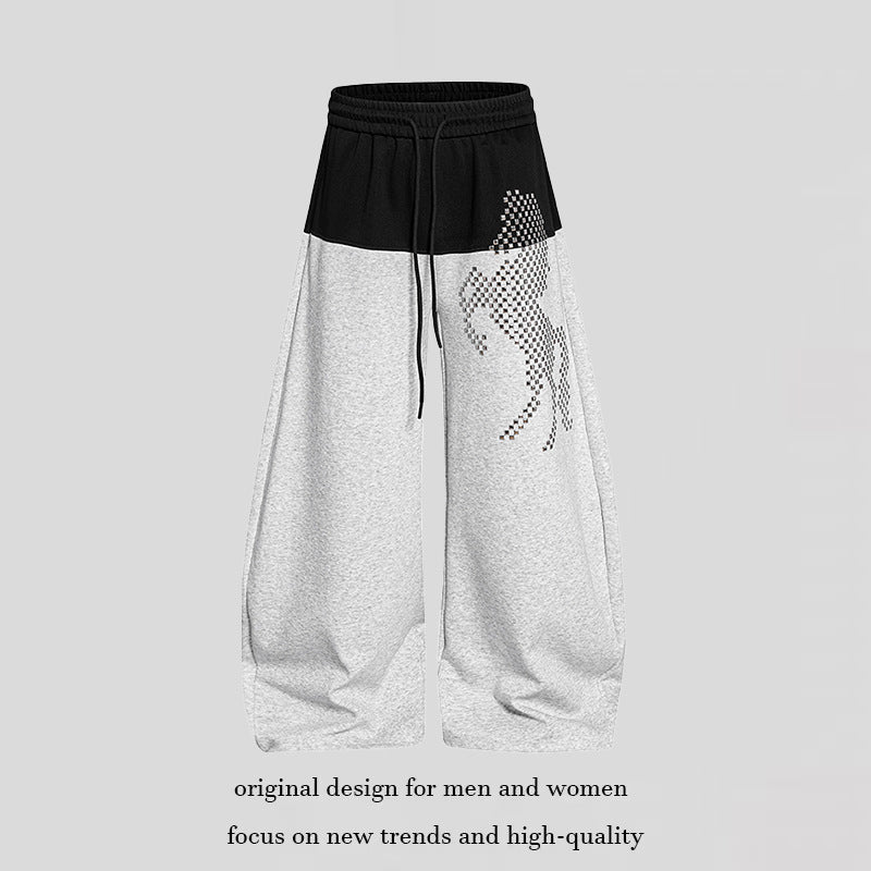Damen Weite Palazzo-Joggpants mit hohem Elastikbund, kontrastierter Bundpartie und pixeliertem Pferde‑Motiv Shop Nory