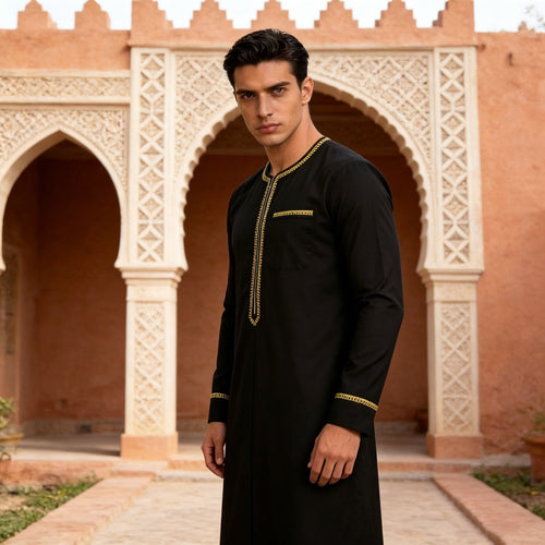 Herren Elegante Langtunika mit Rundhalsausschnitt, Frontreißverschluss und goldener Zierstickerei Shop Nory