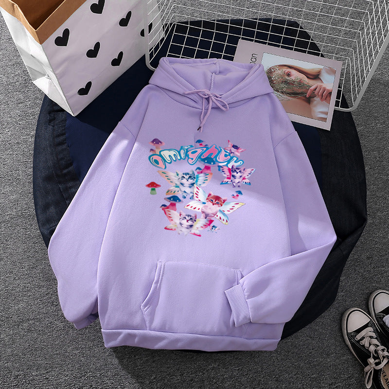 Damen nan Kapuzenpullover mit verspieltem Katzen‑Schmetterlings-Print und Kängurutasche Shop Nory