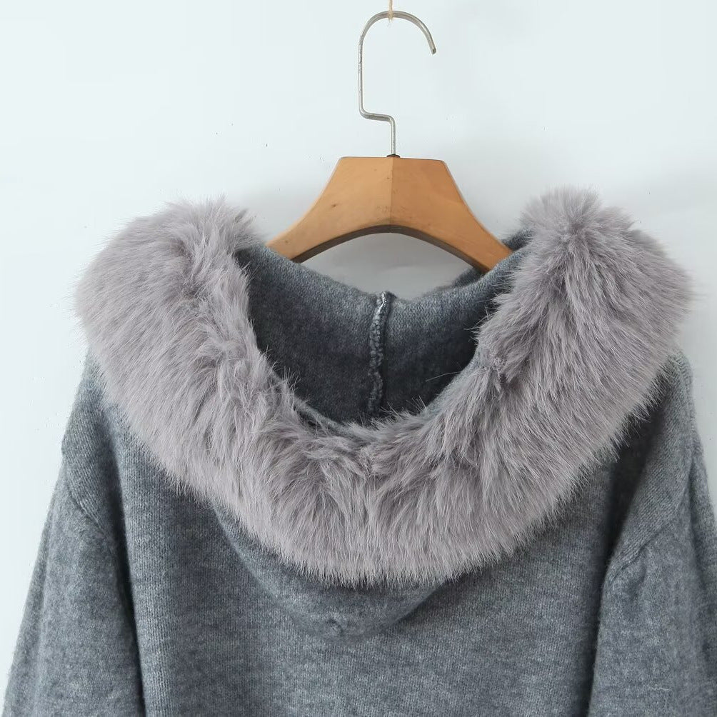 Damen Kurzgeschnittene Strickjacke mit Reißverschluss und abnehmbarem Kunstfellkragen Shop Nory