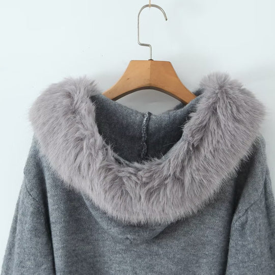 Damen Kurzgeschnittene Strickjacke mit Reißverschluss und abnehmbarem Kunstfellkragen Shop Nory