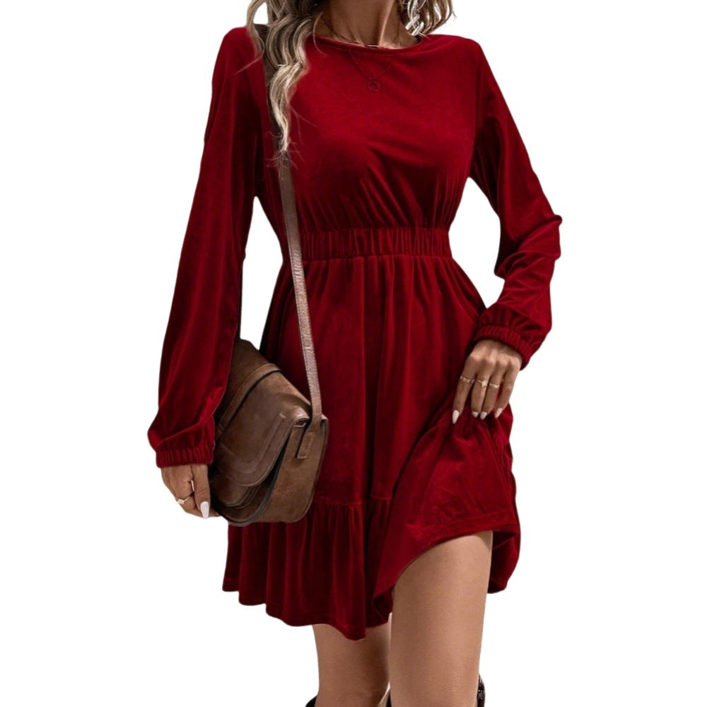 Damen Samt‑Minikleid mit elastischer Taillennaht und stufigem Volantrock Shop Nory