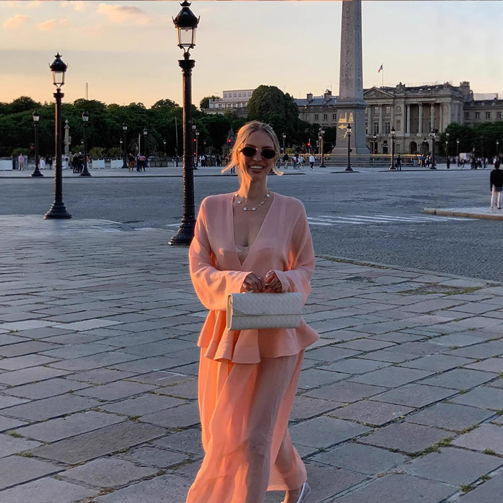 Damen Zweiteiliges Chiffon-Set mit V-Ausschnitt, voluminösen Ärmeln und Plissee-Maxirock Shop Nory