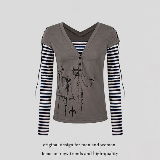 Damen Lagen-Langarmshirt mit V-Ausschnitt, Streifen-Innenlayer und Schnürdetail Shop Nory