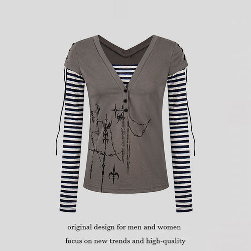 Damen Lagen-Langarmshirt mit V-Ausschnitt, Streifen-Innenlayer und Schnürdetail Shop Nory