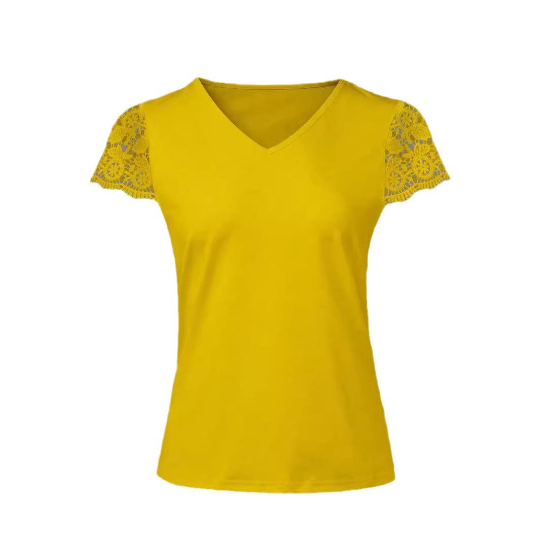 Damen V-Ausschnitt T-Shirt mit Spitzenärmeln