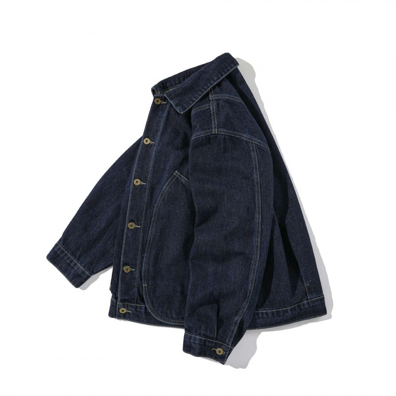 Unisex Kastenförmige Denim-Workerjacke mit übergroßen aufgesetzten Rundtaschen Shop Nory