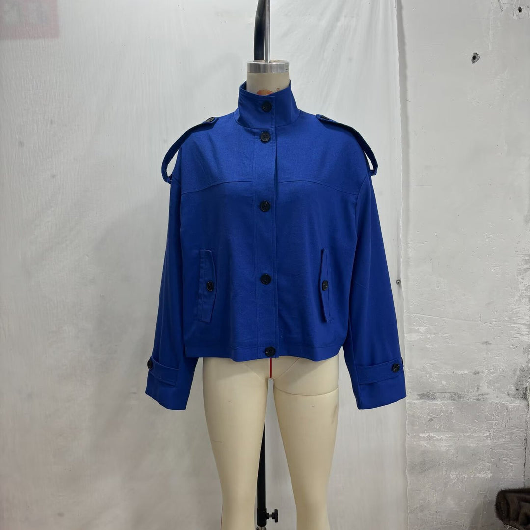 Damen Boxy-Cropped Jacke mit Stehkragen Schulterpatten und Pattentaschen Shop Nory