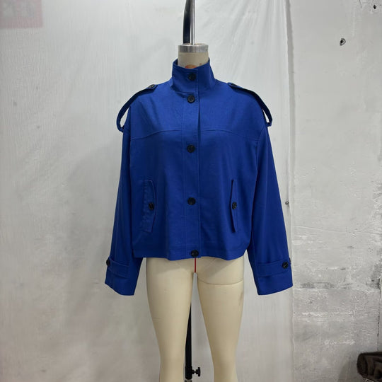 Damen Boxy-Cropped Jacke mit Stehkragen Schulterpatten und Pattentaschen Shop Nory