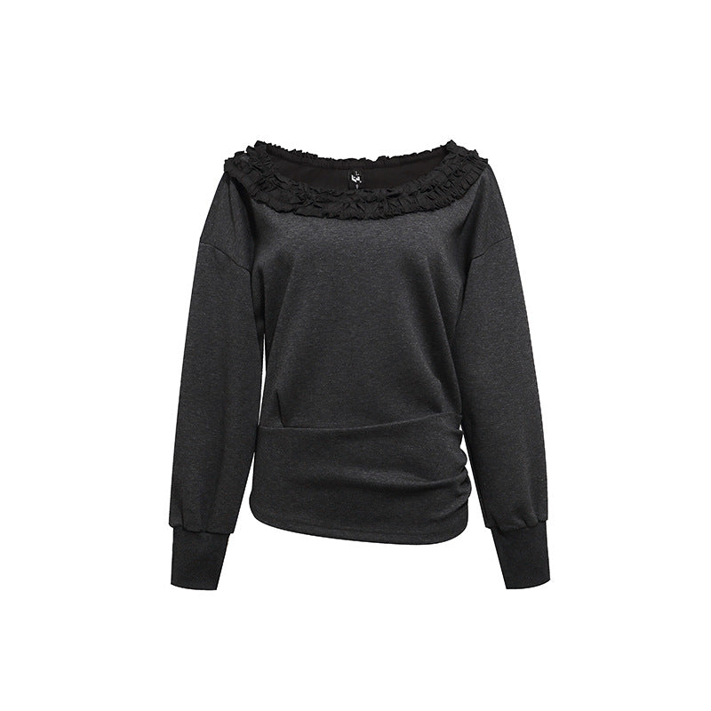 Damen Sweatshirt mit Carmen‑Ausschnitt, Spitzenrüsche und seitlicher Raffung Shop Nory
