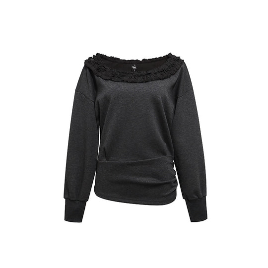 Damen Sweatshirt mit Carmen‑Ausschnitt, Spitzenrüsche und seitlicher Raffung Shop Nory