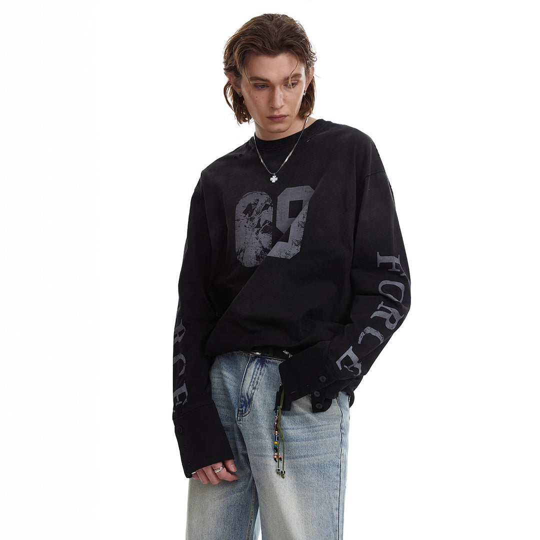 Herren Oversize-Longsleeve-Sweatshirt mit Print, verlängerten Manschetten und Used-Details Shop Nory